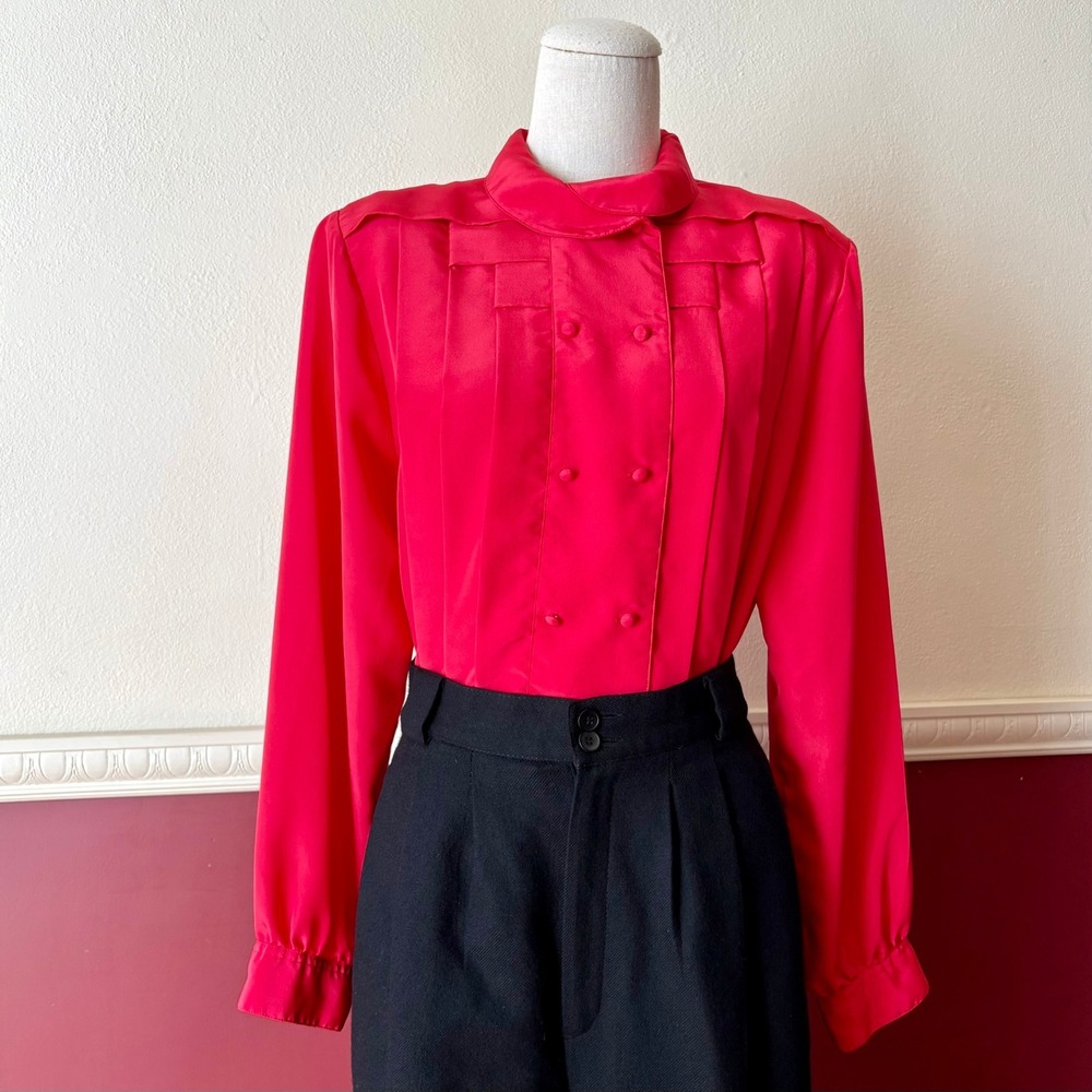 Vintage SK & Co. Red Double-Breasted Pleated Blouse 12 Peter Pan Collar Twee 80s